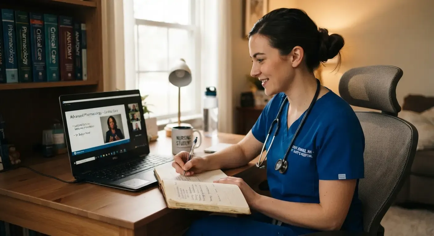 nurse-attending-online-class-with-laptop-and-taking-notes