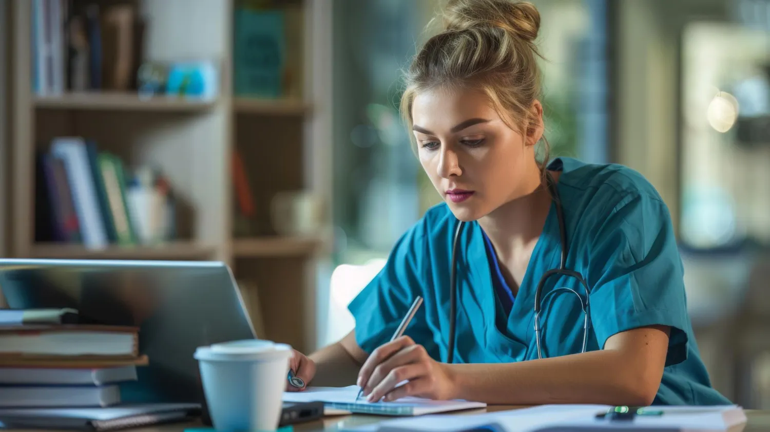 nurse-reading-book-in-library