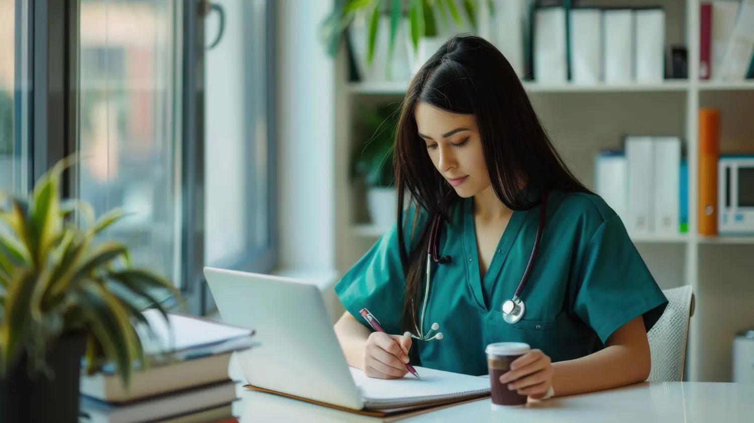 nurse-working-home-office-with-laptop